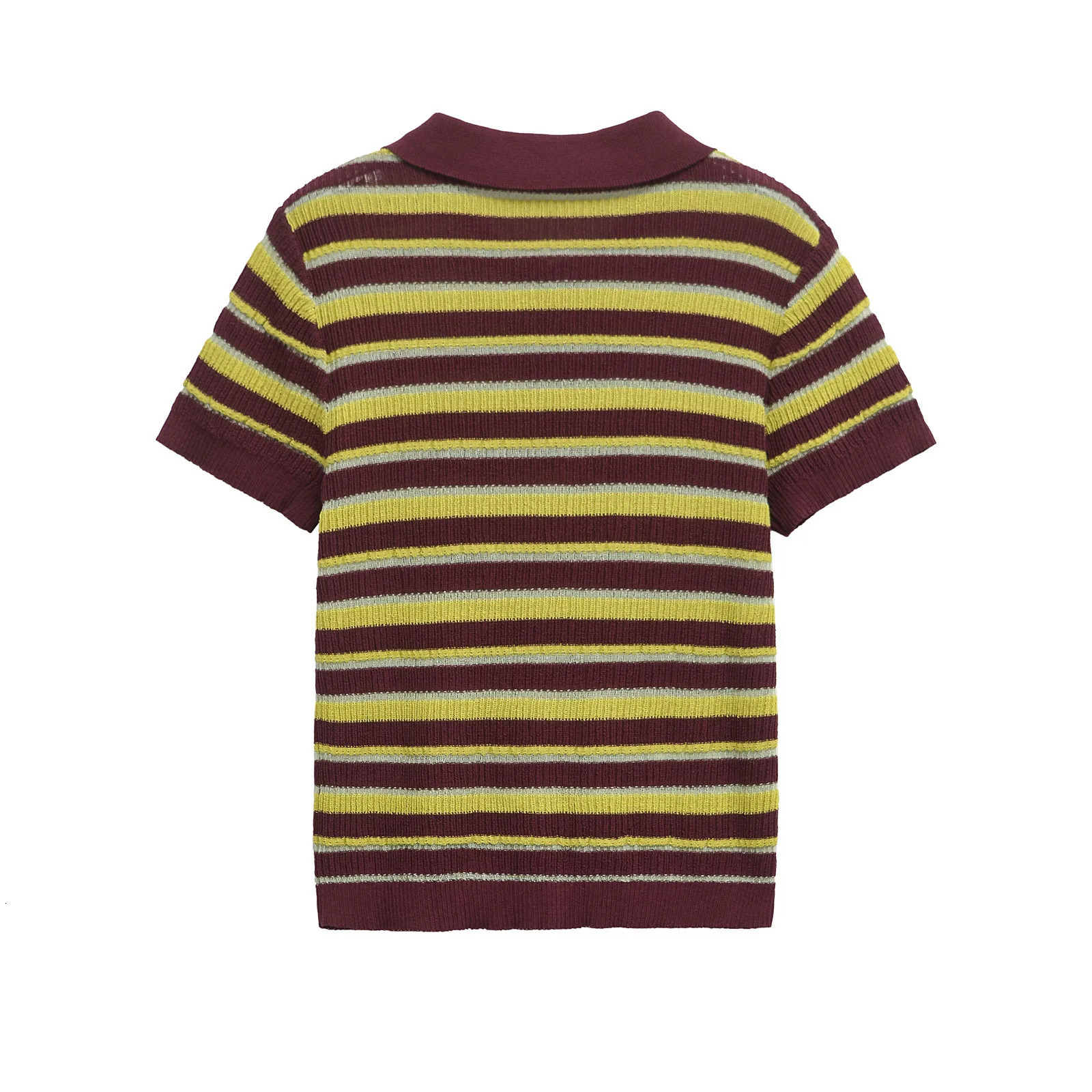 ZBZA Women Striped Knitted Polo Shirt Slim Fit Lapel Short Sleeve Single Breasted Elastic Hem Casual Pullover Spring Summer Top 250403