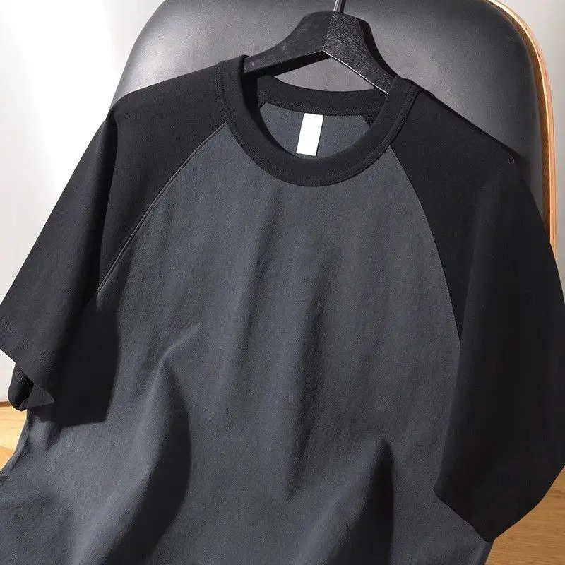 Classic 300g heavy-duty contrasting patch work short sleeved T-shirt womens loose round neck half sleeved top 250403