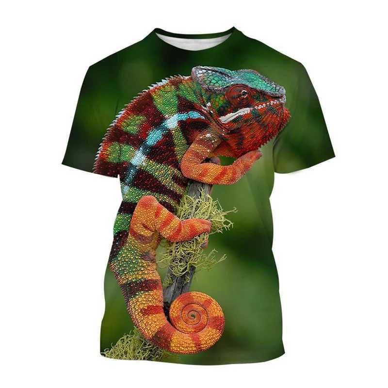 Animal chameleon 3D printed T-shirt mens reptile iguana round neck short sleeved lizard pattern T-shirt fashionable casual top T-shirt W250403