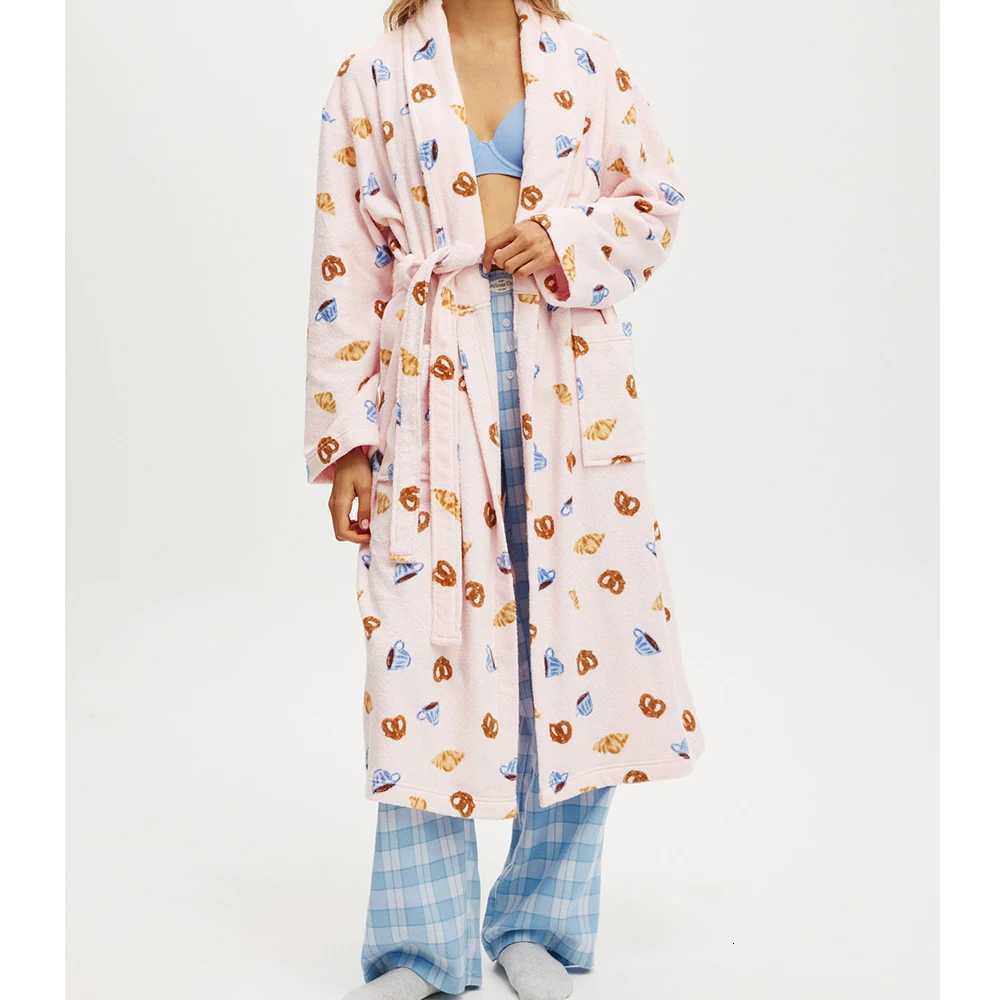 Womens Autumn Winter Shawl Robe Plush Striped Bathrobe with Pockets Long Sleeve Knee Length Nightgown Sleepwear Robes Loungewear C251104