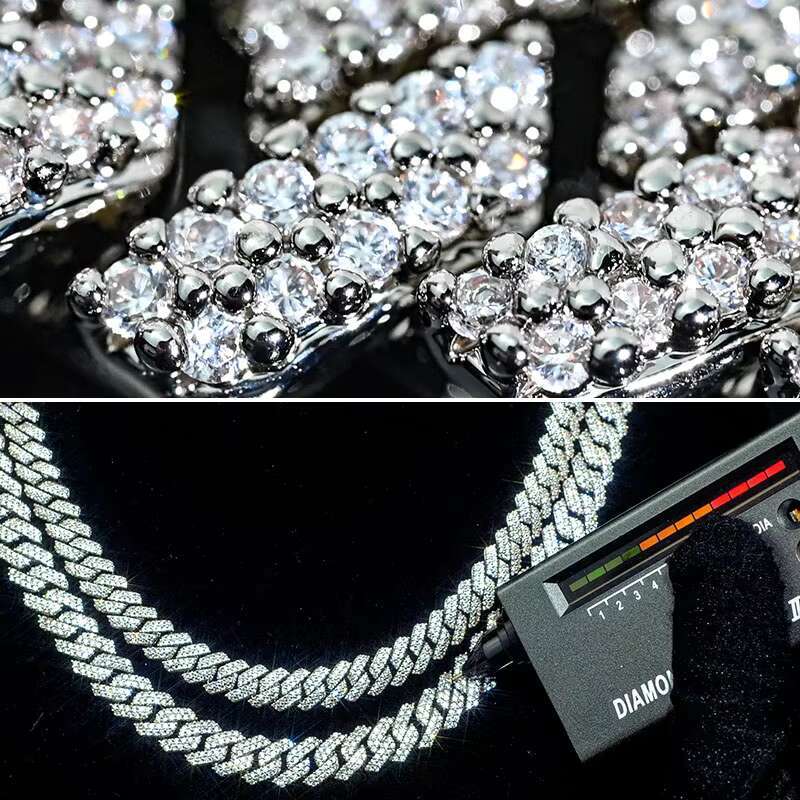 Custom Pass Diamond Tester Hip Hop 925 Iced Out Cuban Chain Necklace 8MM 10MM 12MM VVS Moissanite Cuban Link Chain Necklace