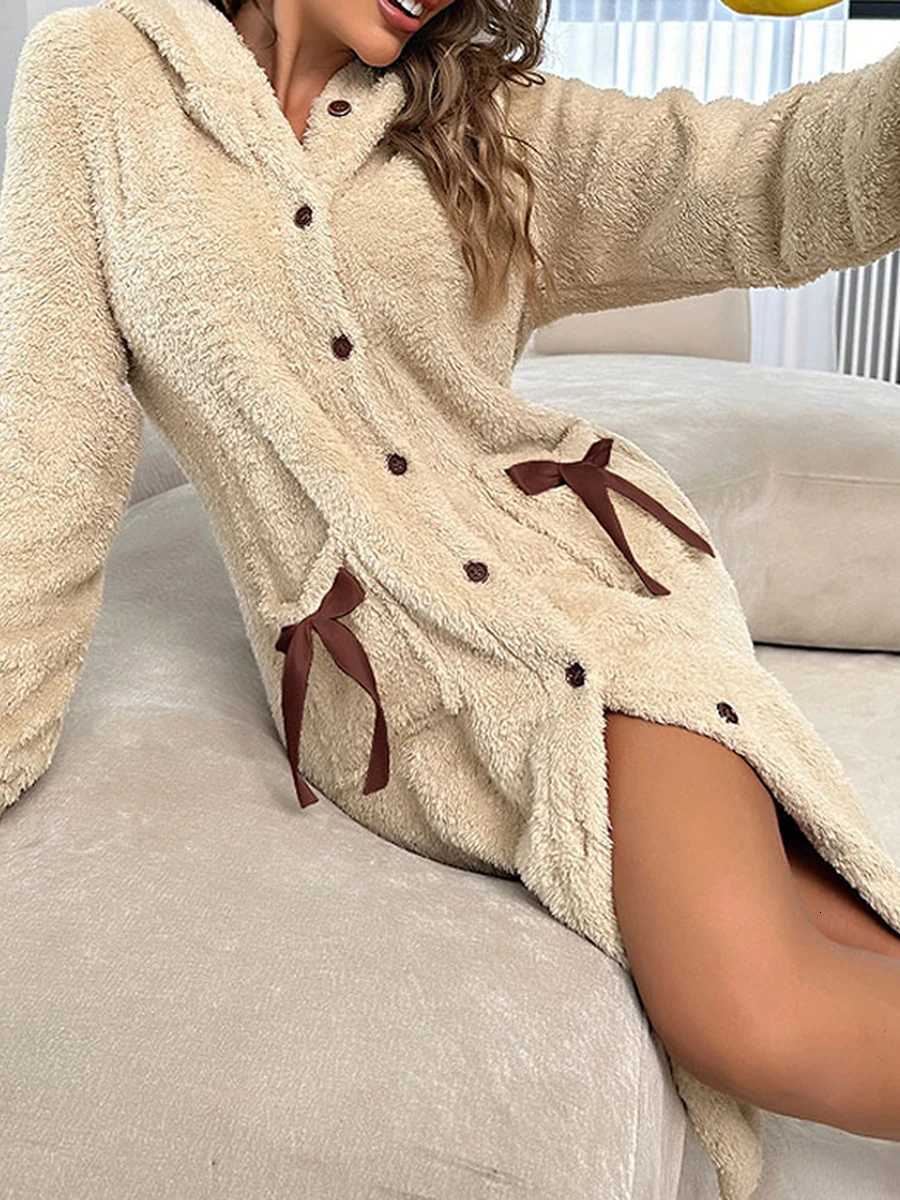 Women Gown Robe Buttons Bow Pockets Winter Warm Flannel Hooded Bathrobe for Hotel Spa Party Kimono Robe C251104