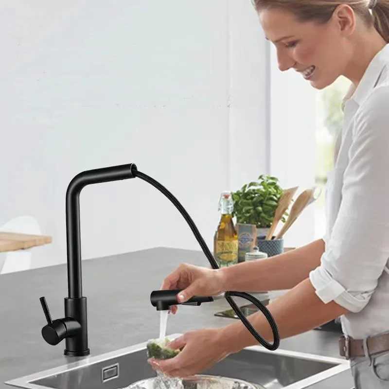Black Pl Out Kitchen Sink Faucet ible 2 Modes Stream Sprayer Nozzle Faucets Stainless Steel Hot Cold Wate Mixer Tap Deck Y251104