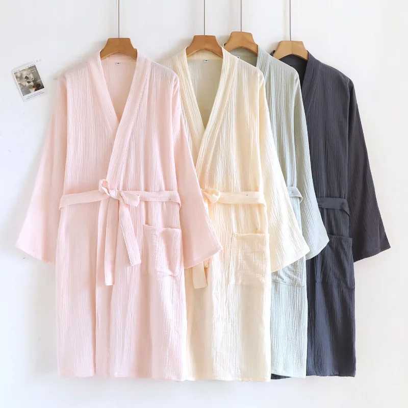 Soft Double Gauze Kimono Robe Women Washed Cotton Spa Bathrobe V Neck Minimst Loungewear Breathable Solid Color Home Robe C251104
