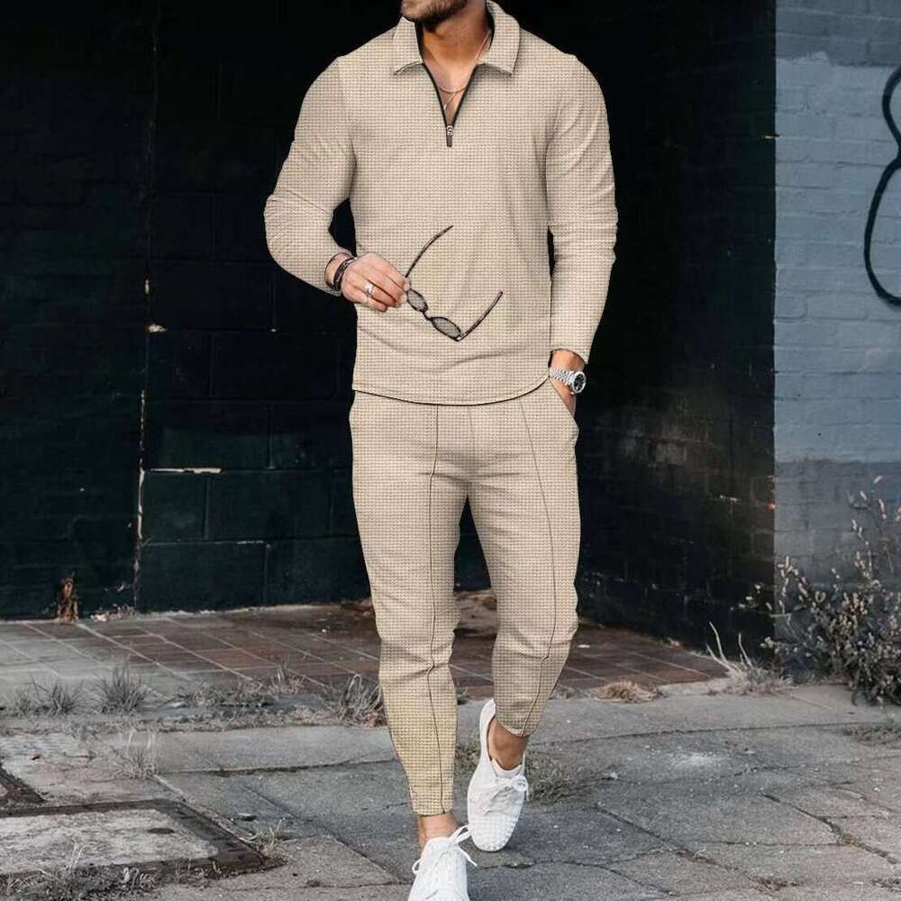 Popular men's textured suit long sleeved polo shirt sports pants fashionable half zipper stand up collar set 2025 new casual fashion trend clothi