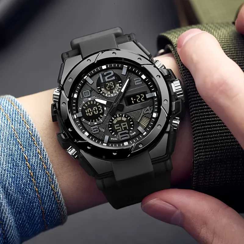 Rugged Dual Display Mens Sports Watch - Automatic Quartz Digital Black Alloy Case TPU Strap Chronograph Alarm MultifuncT251104