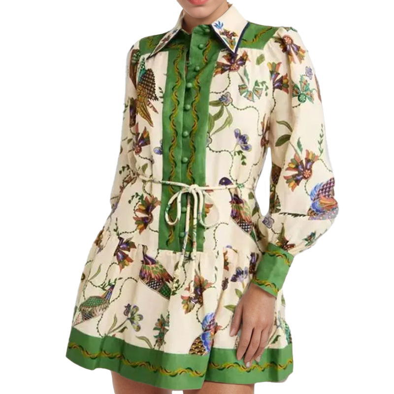 2025 New Ethnic Style Dress with Lace up Long Sleeve Positioning Totem Splicing Multi Button Dress