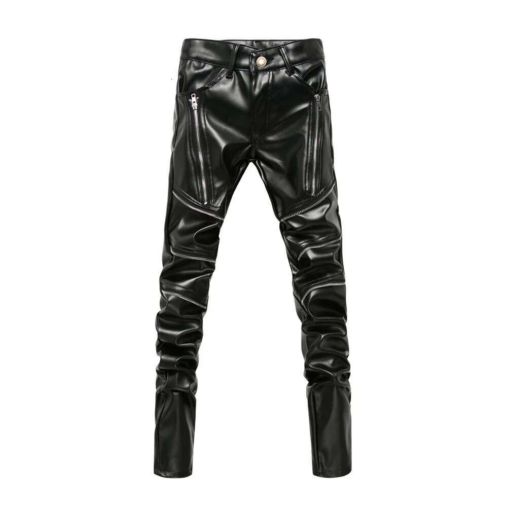 New Winter Men Skinny Biker Pu Leather Pants High Street Fashion Motorcycle Trousers For Male Stage Club Wear