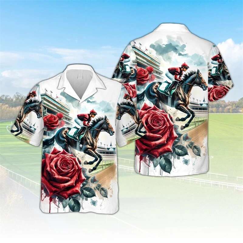Men's Fashion Casual Loose Short Sleeve New Summer Retro America Style T-shirt Hip Hop Horse Racing Printing Shirt Blouses
