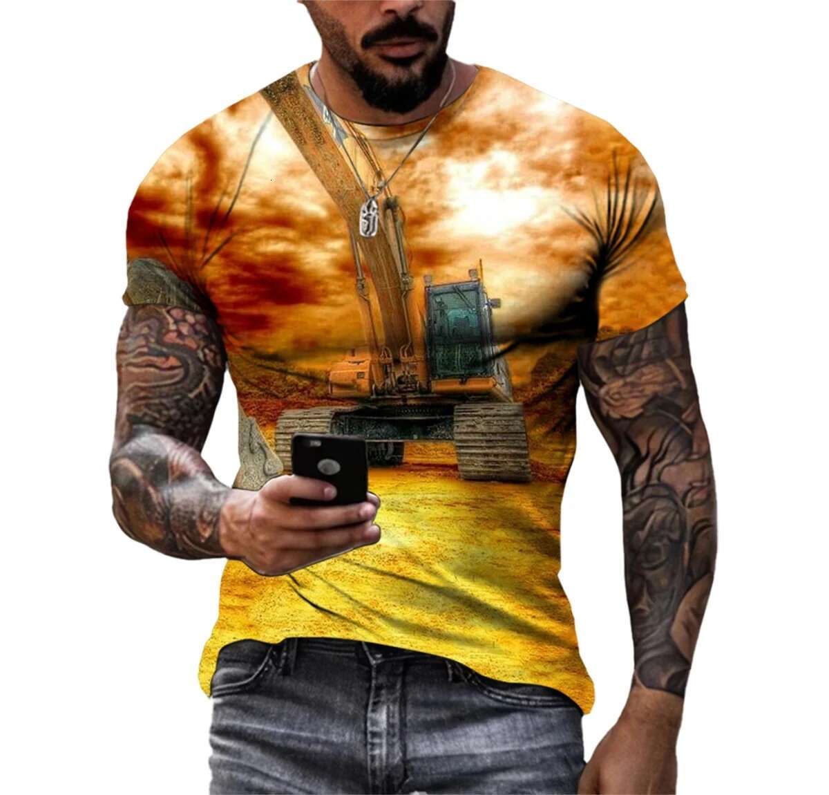 Summer Men's Personalized T-shirt nical Engineering Vehicle Graphics Excavator 3D Printing Short Sleeve Casual Round Neck T
