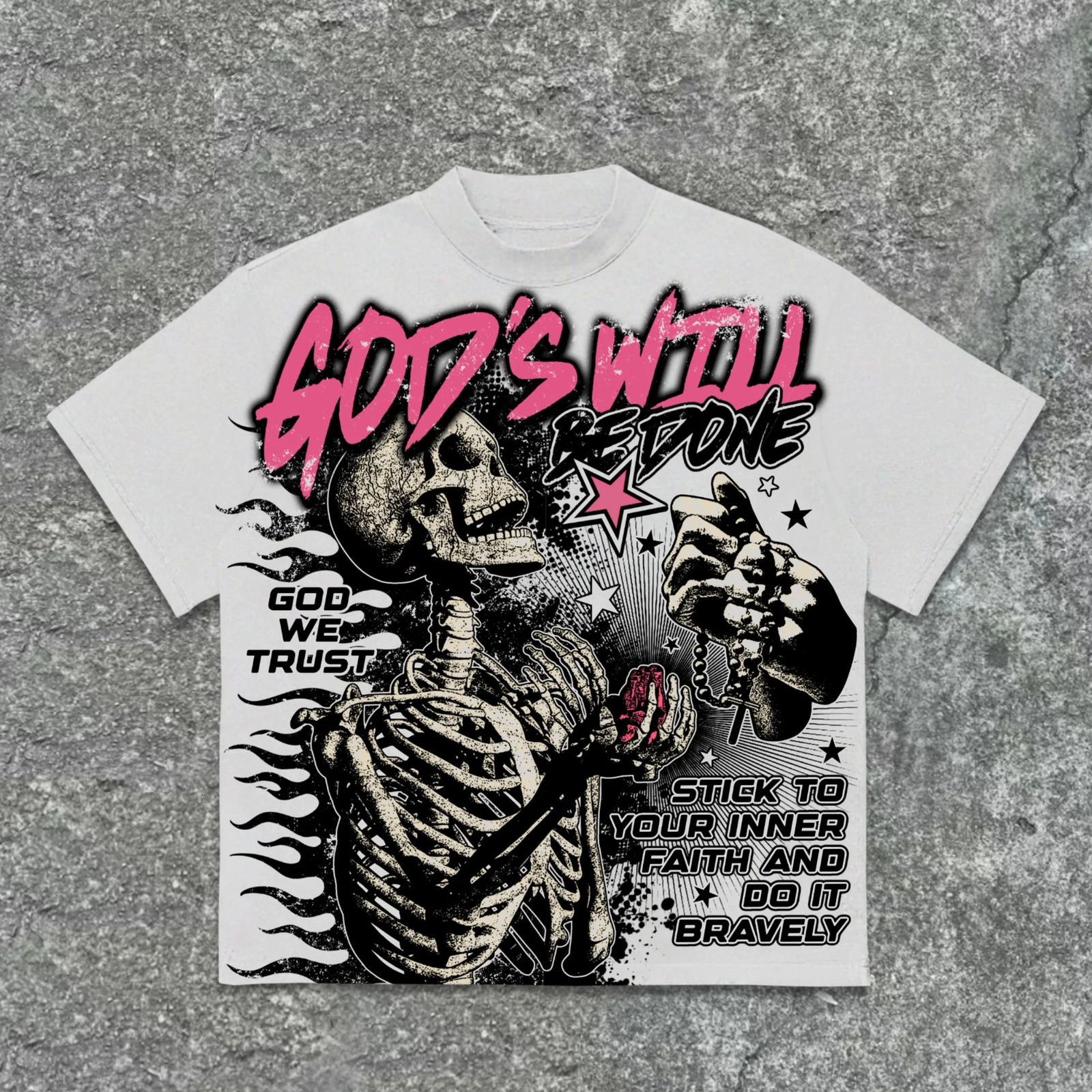 American retro god skull pattern cotton Tshirt printed graphic for men and women Y2K oversized streetwear 250327