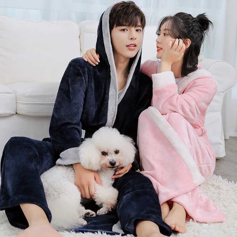 Autumn Winter New Nightwear Flannel Hoode Couple Long Robe Sleepwear Home Clothes Loose Coral Fleece Bathrobe Gown Lounge Wear C251104