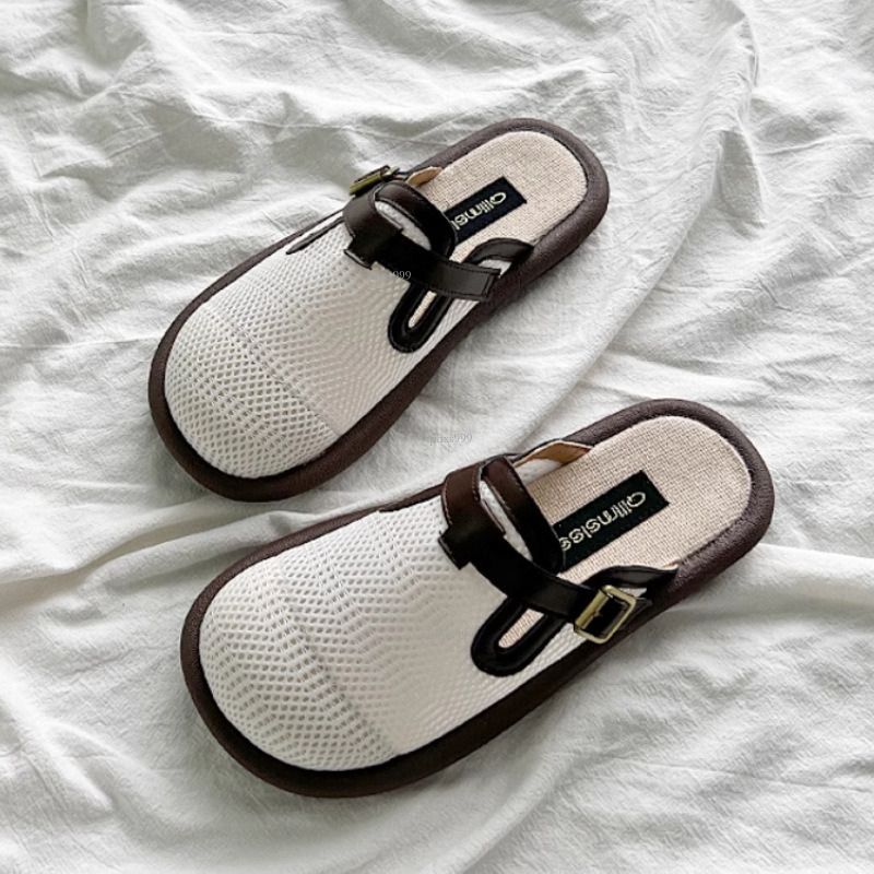 New designer sandals with free shipping Baotou Boken Half Slippers Women's Style One Step Stepping Hollow Breathable Cotton and Hemlock Mill Shoe