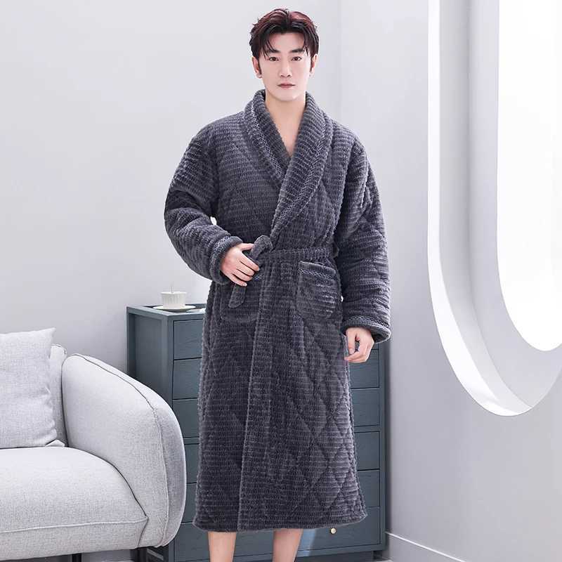 L-5XL Thick 3 Layers Keep Warm Winter Bathrobe Men Soft Coral Fleece Quilted Long Kimono Bath Robe Male Dressing Gown For Mens C251104