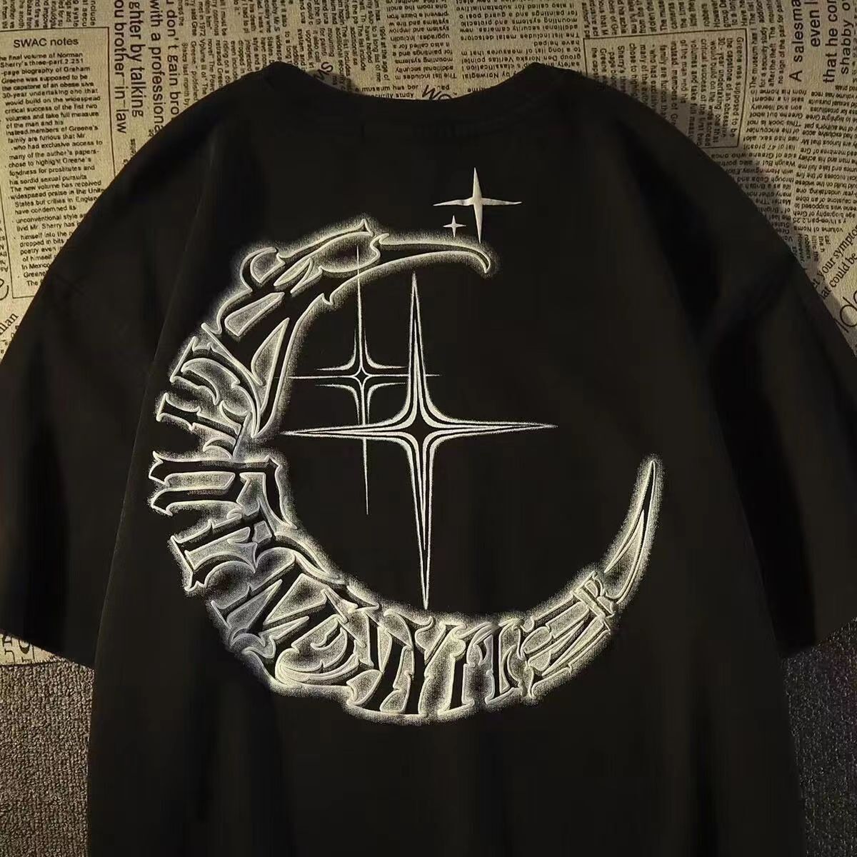 American Trendy Brand Moon Star Printed Short Sleeved T-shirt For Women's 2025 Summer New High Street Hiphop Top