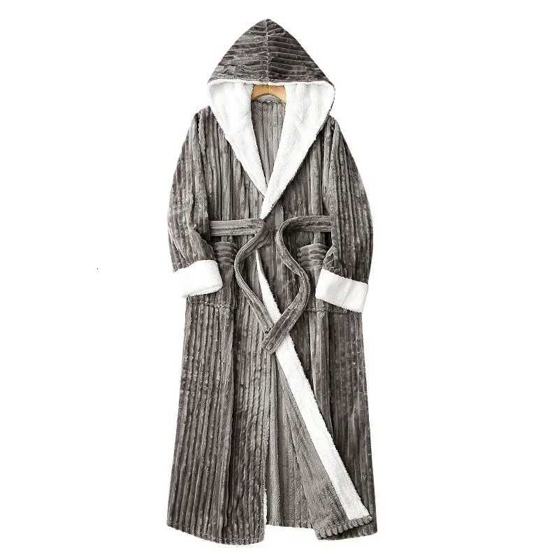 Women Winter Warm Robes Fluffy Fleece Dressing Gown Long Sleepwear Lounge Housecoat Flannel Stripe Hooded Bathrobe C251104