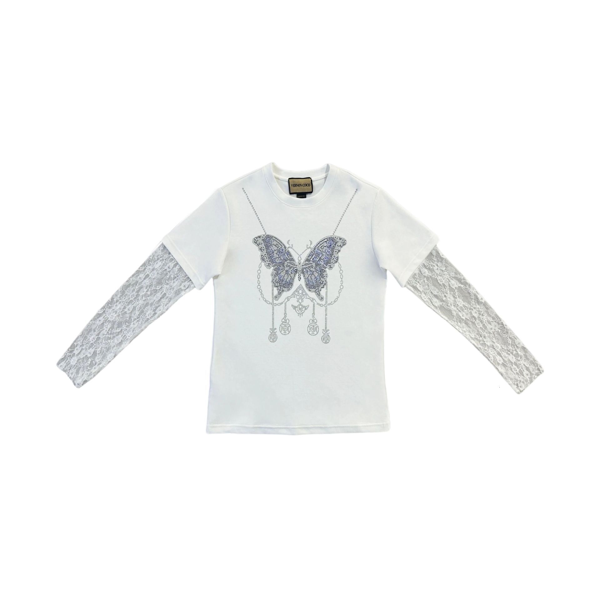 Summer Lace Short Sleeve Butterfly Rhinestone Loose T-Shirt White Patchwork Fake Two-Piece Top Women's Fashion Versatile ddmymoon