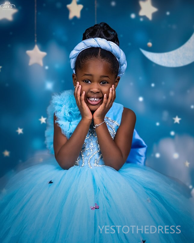 2025 Aso Ebi Blue Flower Girl Dresses Children Birthday Dress Illusion Sheer Neck Rhinestones Beaded Lace Tiered Tulle Princess Queen Ball Gown For Ma