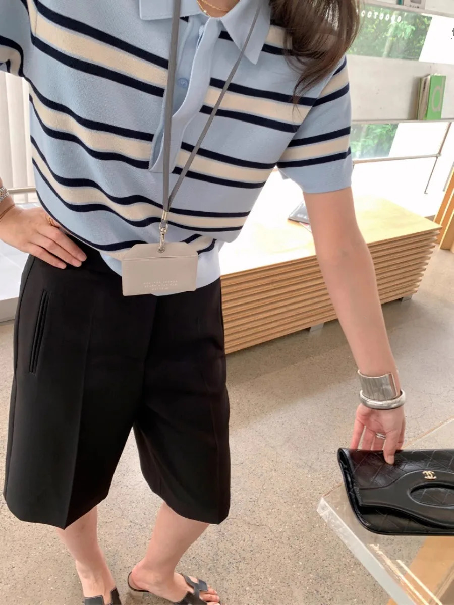 Temperament striped knit top womens short-sleeved POLO shirt womens spring summer T-shirt loose 250403