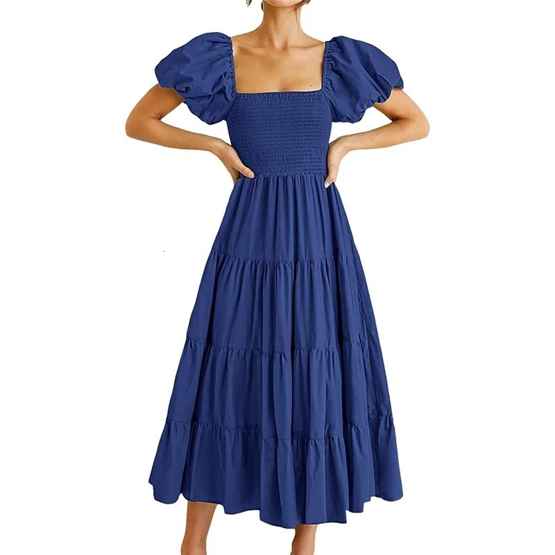 2025 Womens Loose Casual Bubble Sleeve Long Solid Color Dress