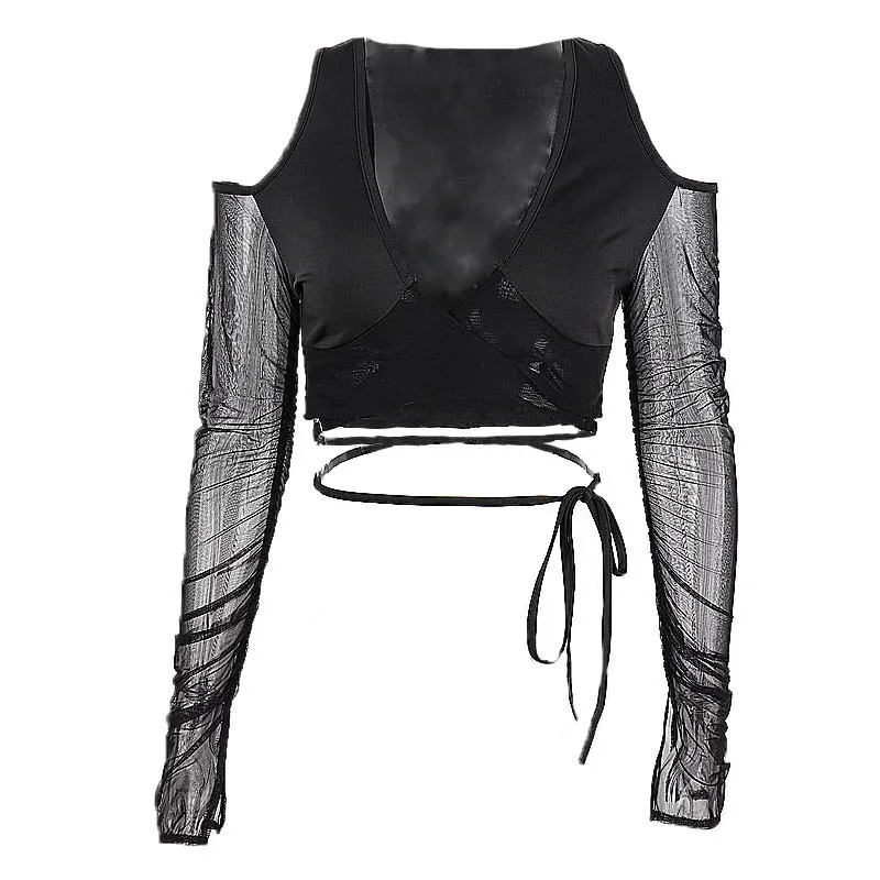 Candy Gothic Mesh Sheer Crop Tops Sexy Deep V-neck Off Shoulder T Shirt Y2K Long Sleeve Streetwear Crossing Bandage Tees 250401