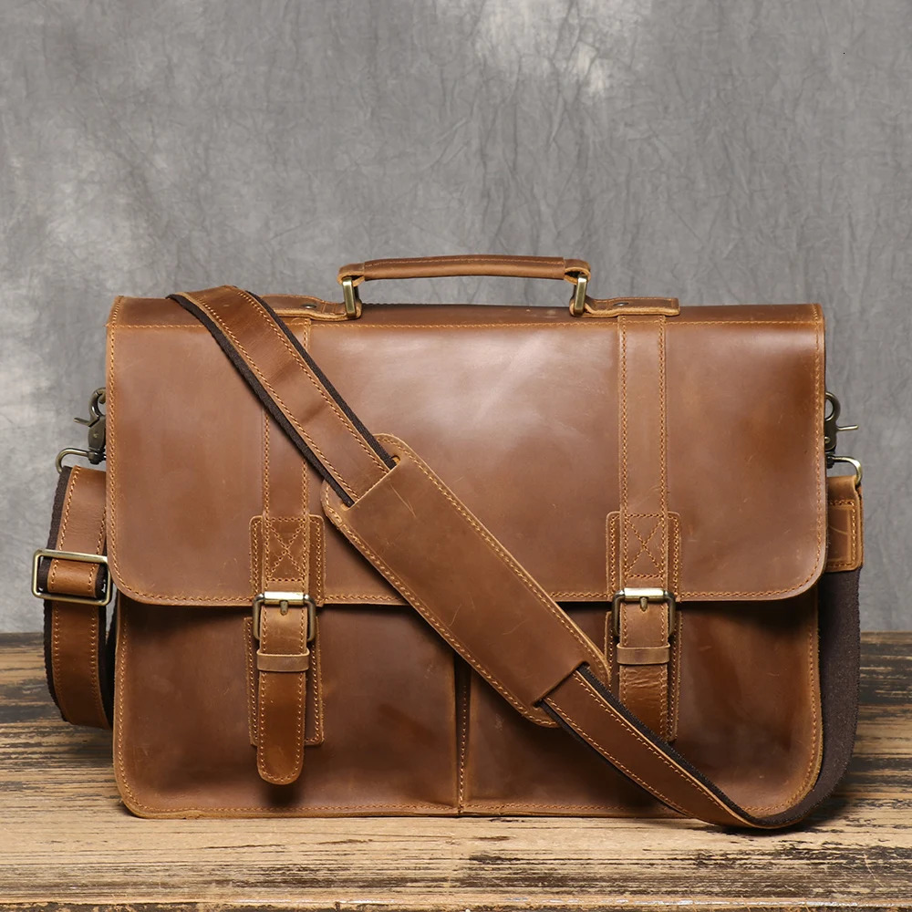 Retro Briefcase Crazy Horse Leather Men Cowhide Shoulder Crossbody Bag Large Capacity Genuine Leather Laptop Bag 250402