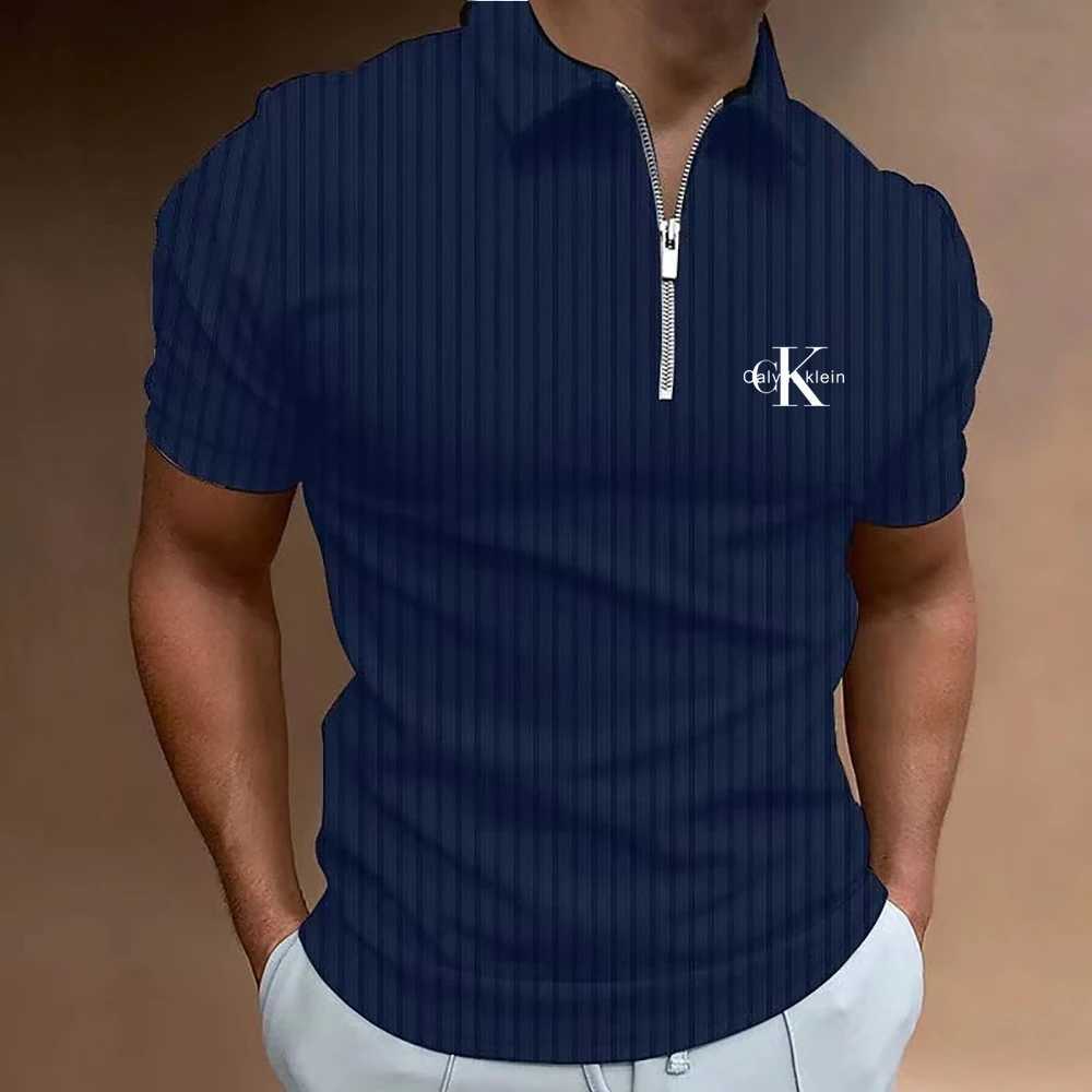 Summer Mens Striped Polo Shirt Short Sleeve Collar Zipper T-shirt and Mens Casual Street Mens Top W250403