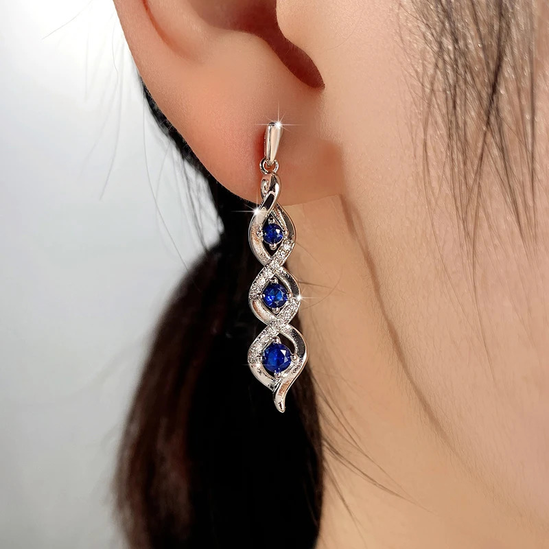 Huitan ly ned Womens Earrings for Wedding Accessories Fancy Twist with Blue Cubic Zirconia Temperature Jewelry 250326