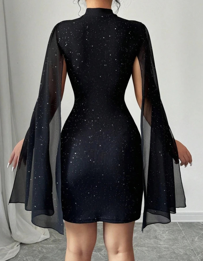 Sexy and elegant evening dress with round neck pit striped pearl chiffon open collar sleeves wrapped around the buttocks fashion 2025 casual 250403e