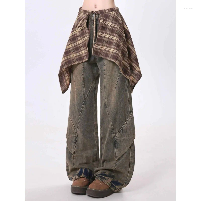 Women's Jeans Women Blue Y2k With Skirt Harajuku Vintage Baggy Denim Trousers Japanese 2000s Style Oversize Jean Long Pants Clothes Z260313