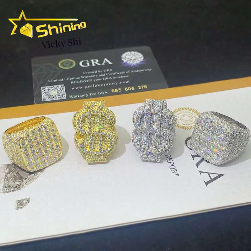 Rapper Luxury Hip Hop Jewelry S925 Silver Gold Plated Iced Out VVS Full Moissanite Diamond Ring Pass Diamond Tester