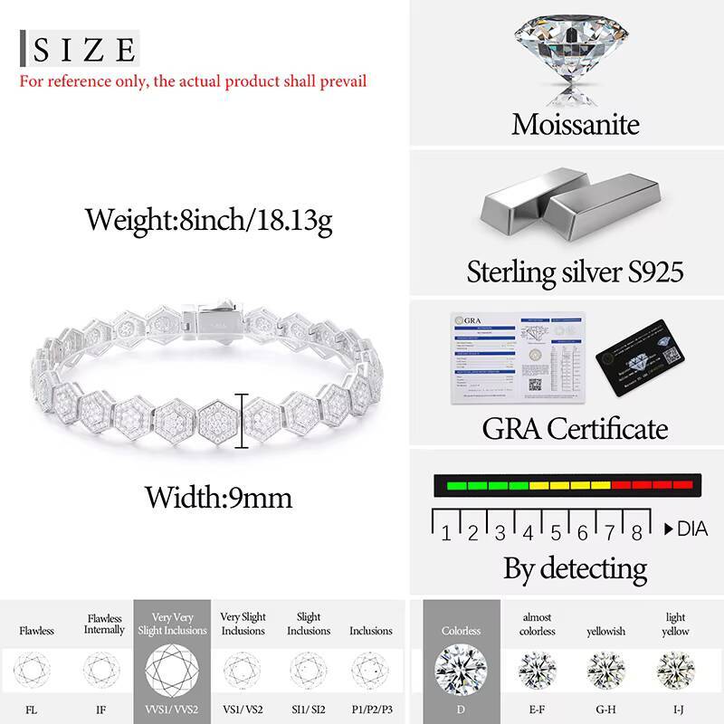 Bling Iced Out Mens Jewelry Geometric Bracelet 9mm 925 Sterling Silver Vvs Moissanite Diamond Hexagon Bracelet