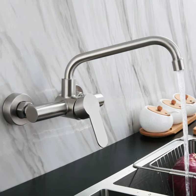 304 Stainless Steel Wall Mount Kitchen Faucet Mixer Kitchen Sink Faucet 360 Degree Rotation Hose Double Hole Faucet Y251104