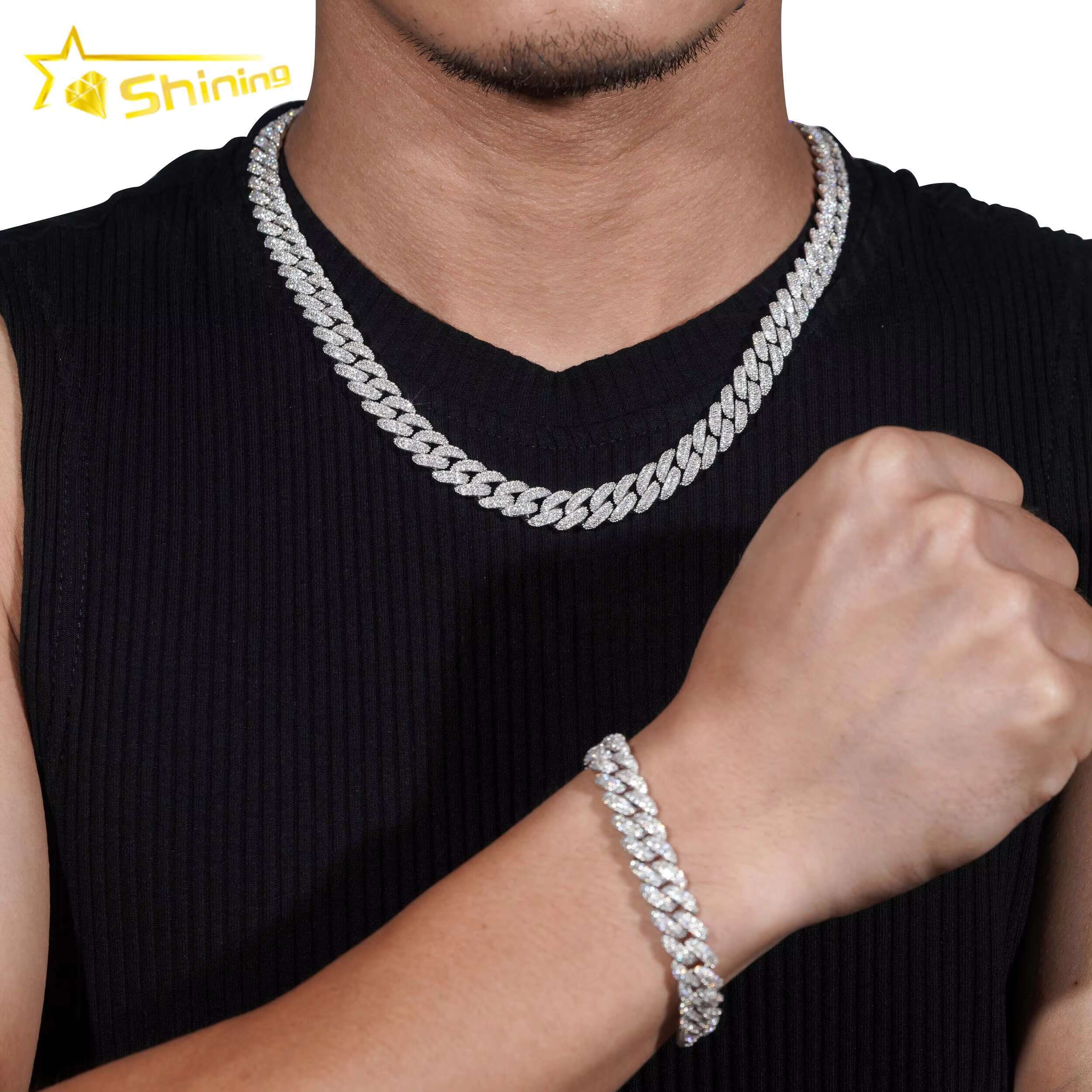 Factory Price High Quality VVS Diamond Two Row Moon Shape 925 Silver 10MM Moissanite Cuban Link Chain