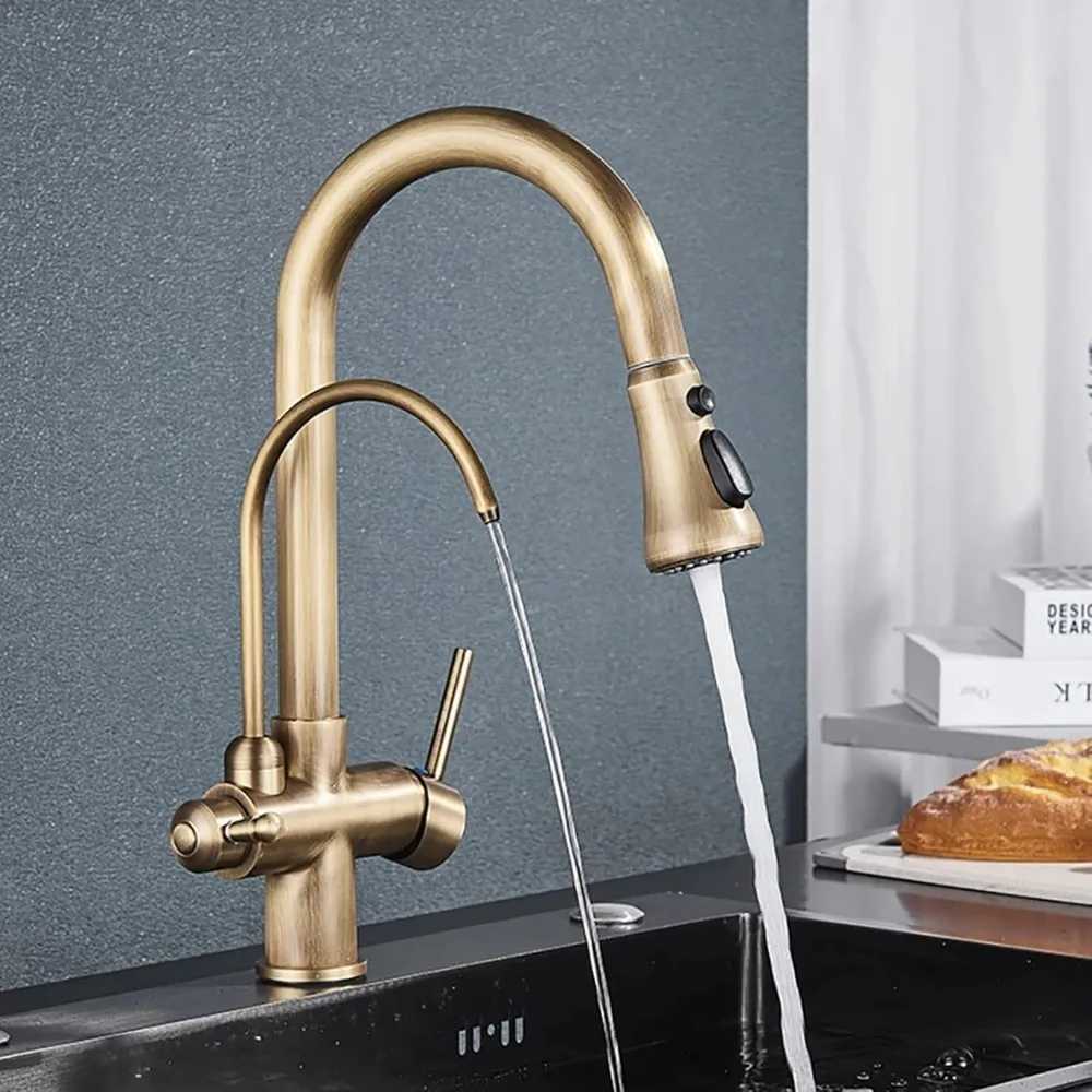 Vintage Brass Pl-Down Kitchen Faucet with Swivel Spout and Triple Function Spray Y251104