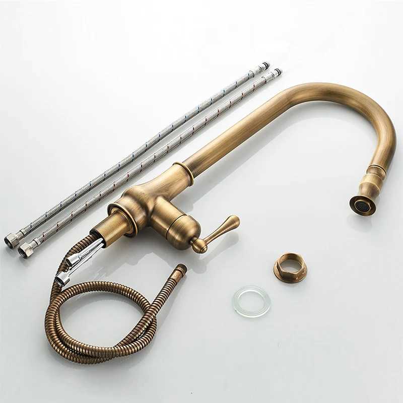 Hotaan Antique Brass Kitchen Faucet Single Hole Pl Out Spout Copper Kitchen Sink Mixer Tap with Stream Sprayer Y251104