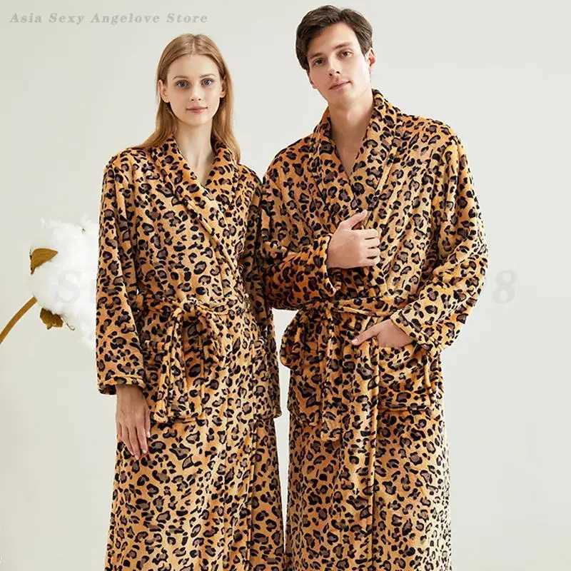 Couple Leopard Print Bath Robe Nightgown New Flannel Kimono Sleepwear Autumn Winter Lapel Home Wear Pajamas Loungewear Nightwear C251104
