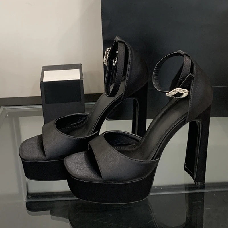 Liyke Runway Style Black High Heels Platform Sandals For Women Cozy Silk Square Toe Buckle Strap Lady Party Dress Shoes Size 40 251030