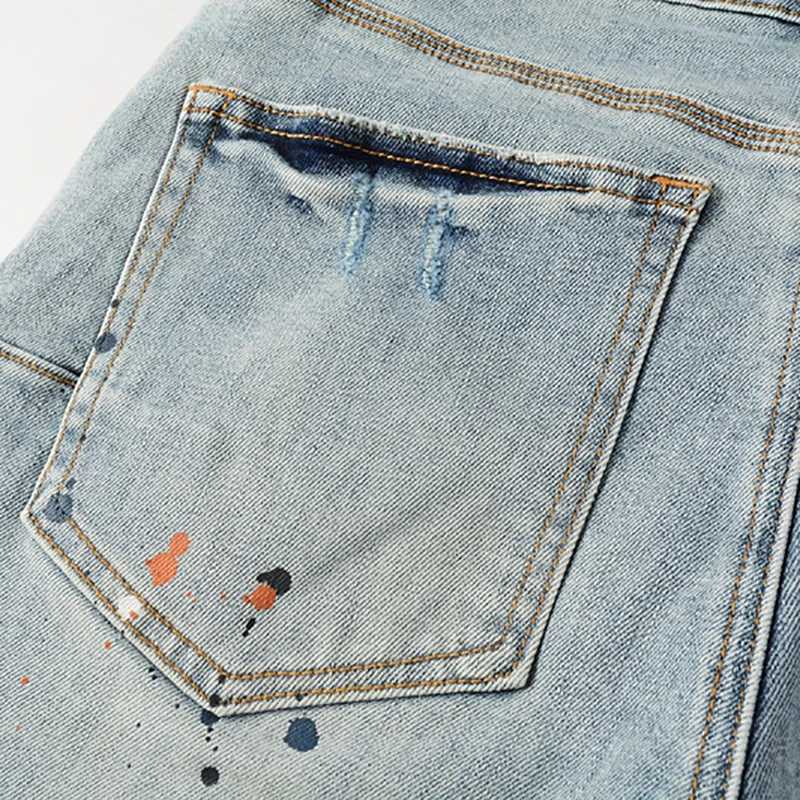 Irregular Color Inkjet Mens Denim Shorts Summer High Strt Stretch Straight Pants American Unisex Strtwear X250403