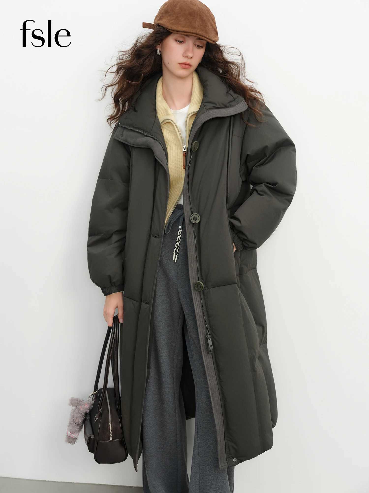 FSLE Winter Women Mid-Length Puffer Downcoat with Stand Collar Korean Style Slouchy Down Jacket Loose Fit Warm Soft Outerwear J251104