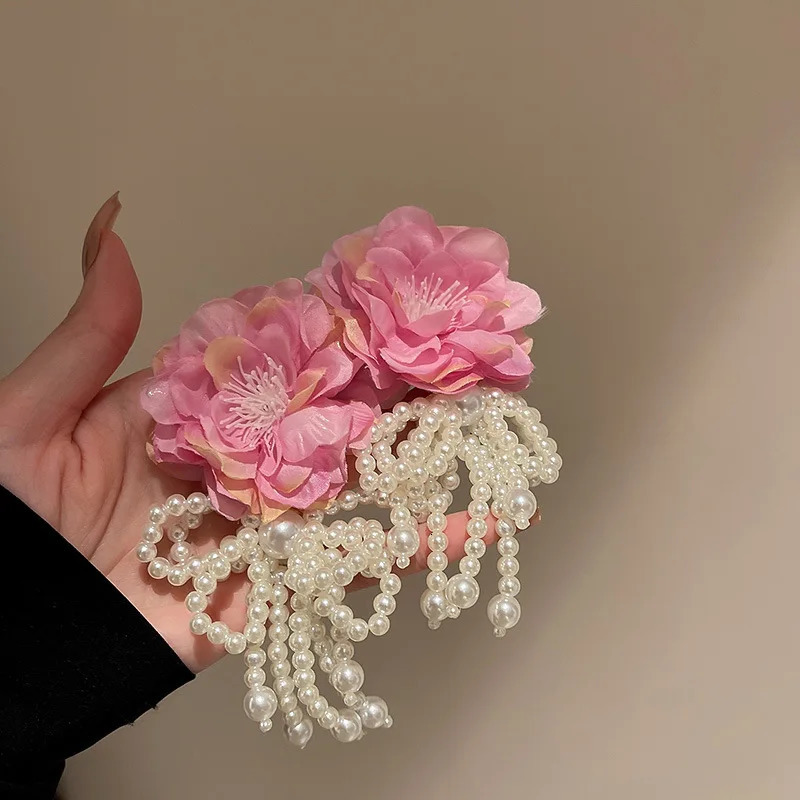 Bohemian White Pink Large Cloth Womens Flower Earrings Embroidered Jewelry Handmade Pearl Bow Tassel Pendant 250326