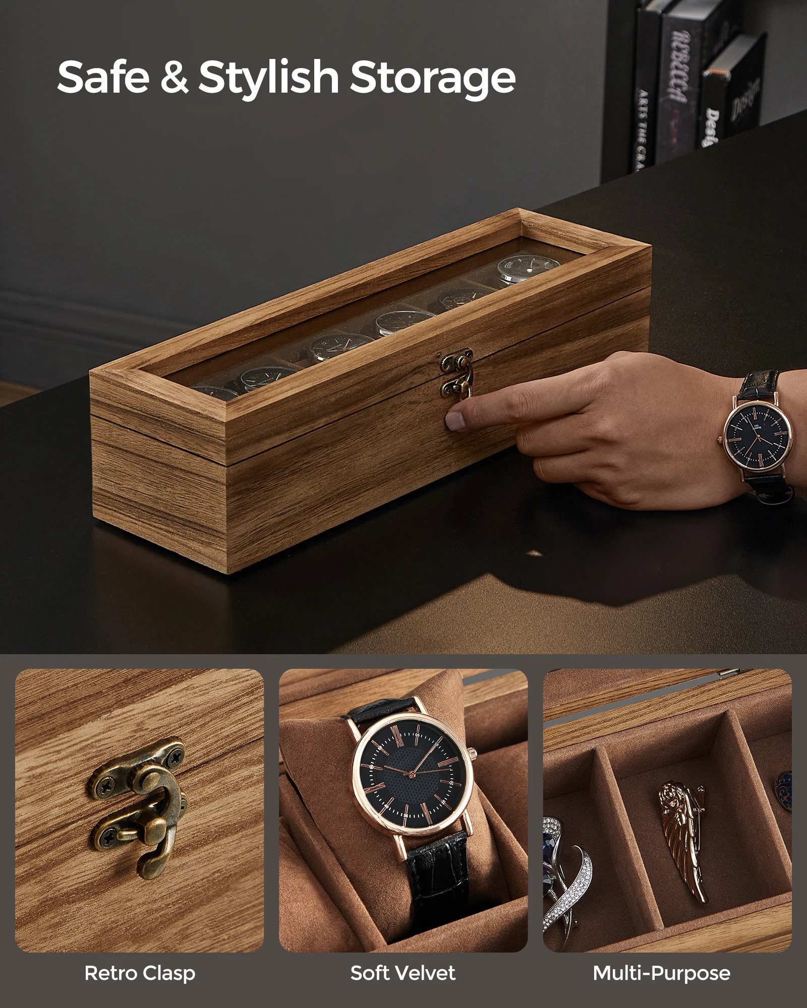 SONGMICS Watch Box 6Slot Watch Case Solid Wood Watch Box Organizer with Glass Lid Watch Display Case with Removable Pillows 251027