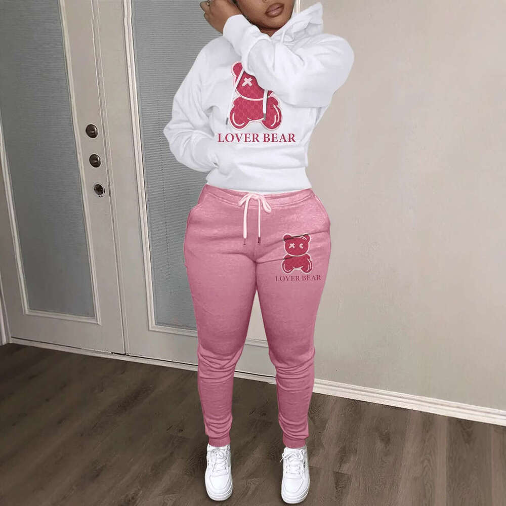 New casual hooded sweatshirt set with trendy bear head printed sweatpants set, European size sweatshirt, 2025 new style, chic and elegant clothing