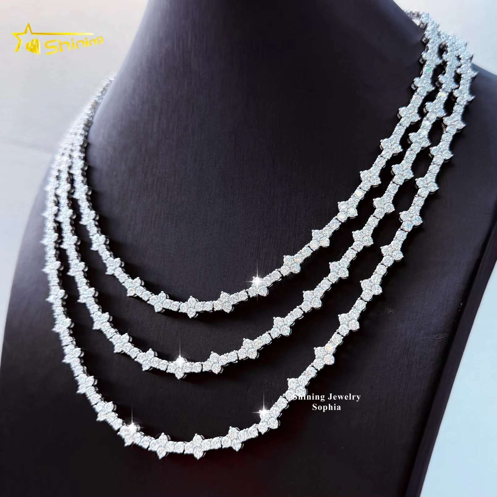 Hot Selling Hip Hop Moissanite Chokers Necklace S925 Silver Gold Plated 3mm VVS Moissanite Cross Tennis Chain