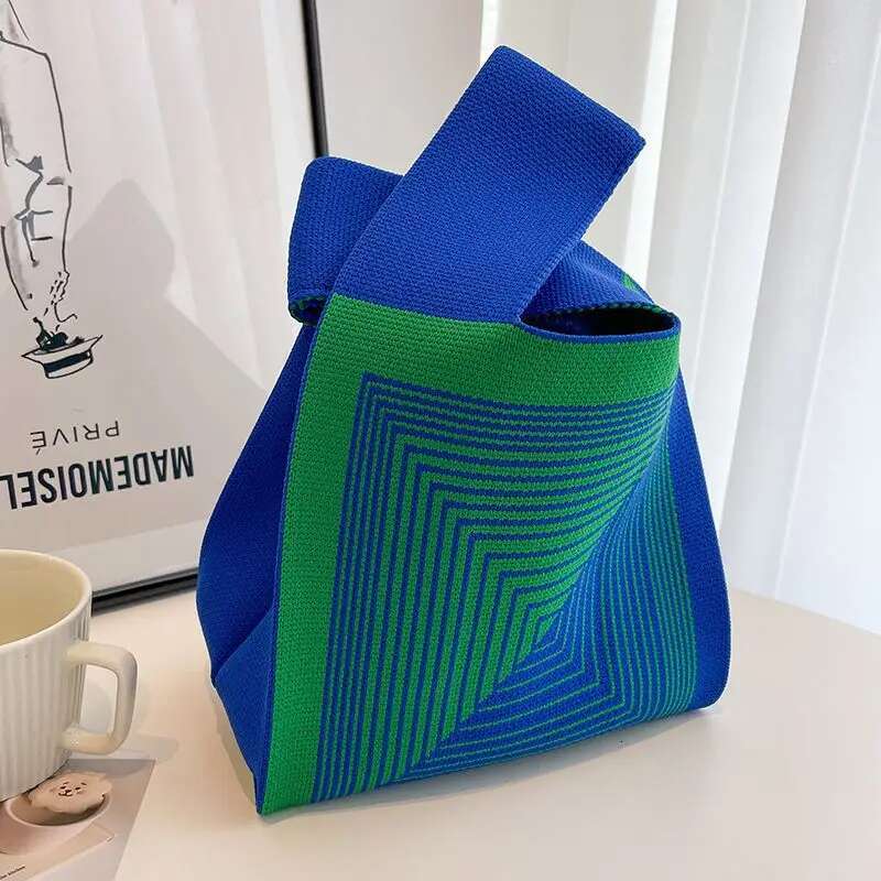 Handmade Knit Handbag Women Mini Knot Wrist Japanese Casual Color Wide Stripe Plaid Tote Bag Student Reusable Shopping Bags
