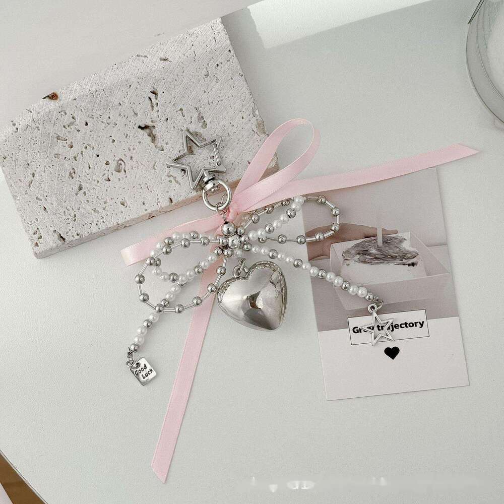 Korean Style Sweet Pearl Bowknot Pendant Silver Heart Keychain Cute Bag Accessory