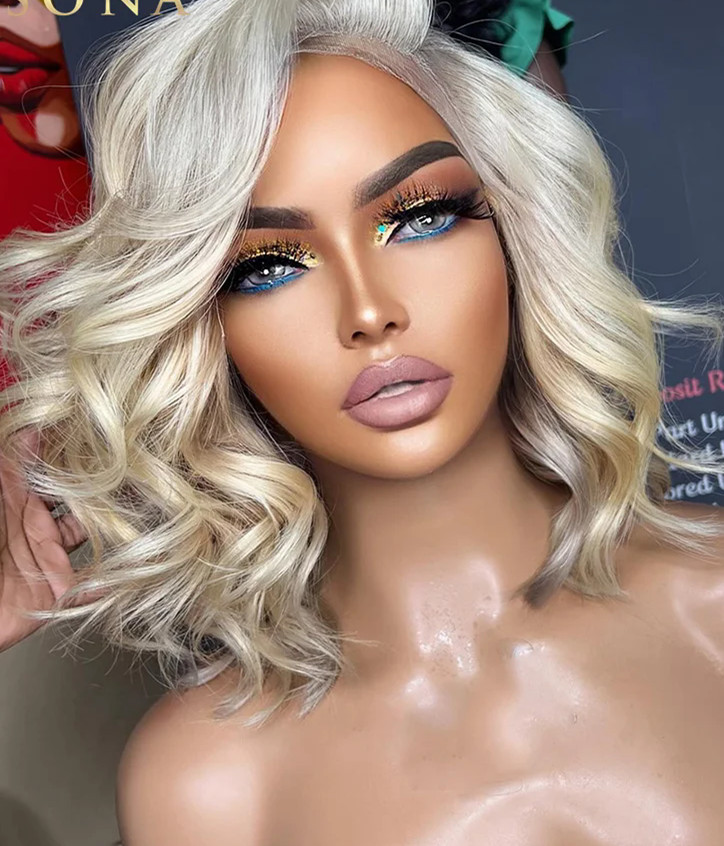 Braziilian raw virgin Platinum Ash Blonde Full lace Bob short wavy 5x5 Lace Closure Human Hair Wig side part 613 Transparent Lace Front Wig For Women