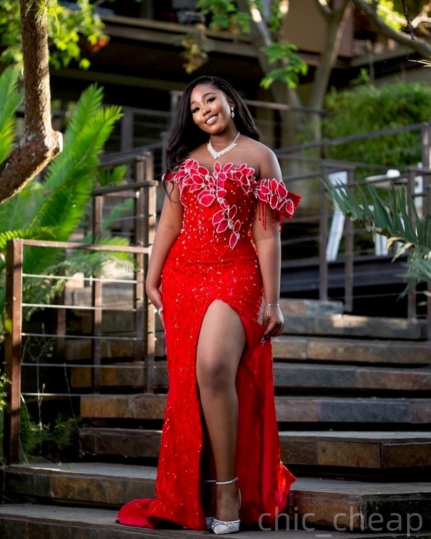 Red Mermaid Prom Dresses 2026 Florals Crystals High Split Sequined Evening Formal Party Second Birthday Engagement Gowns Plus Size Dress For Special O