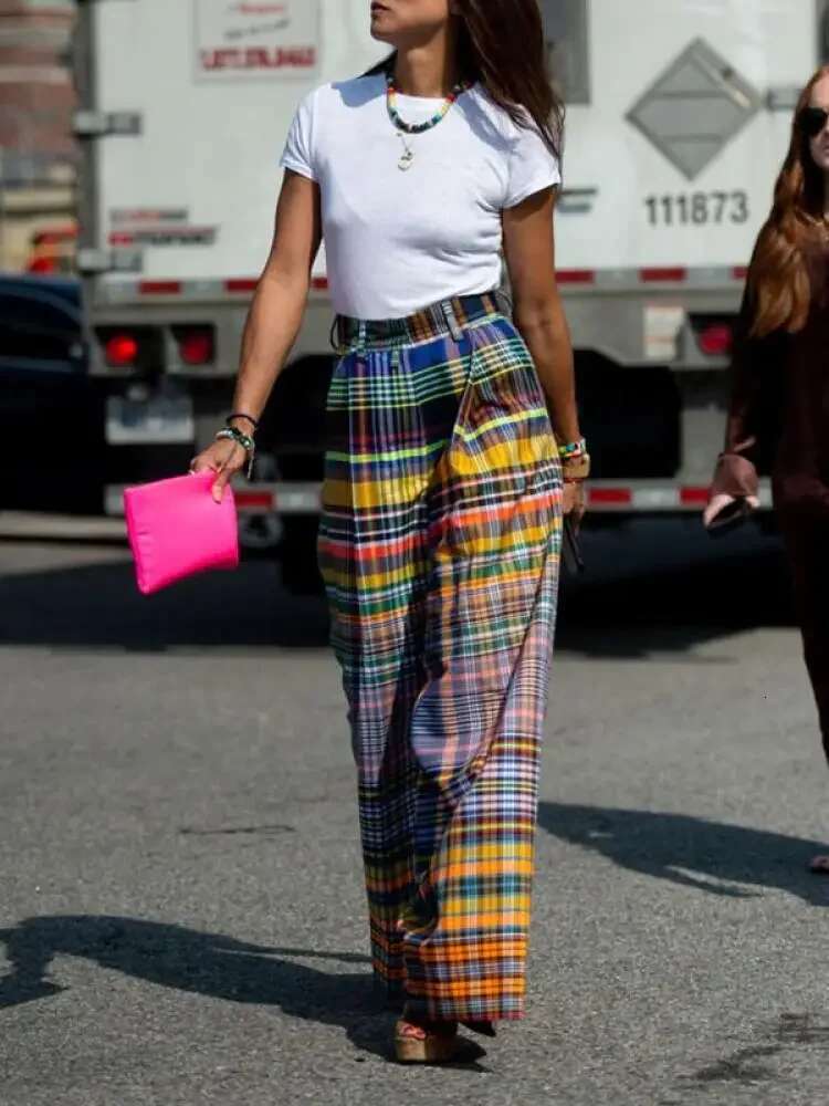 Missuoo 2024 New Female Vintage Multi-Colored Plaid Spring And Summer Loose Casual Or-Length Wide Leg Pants For Women