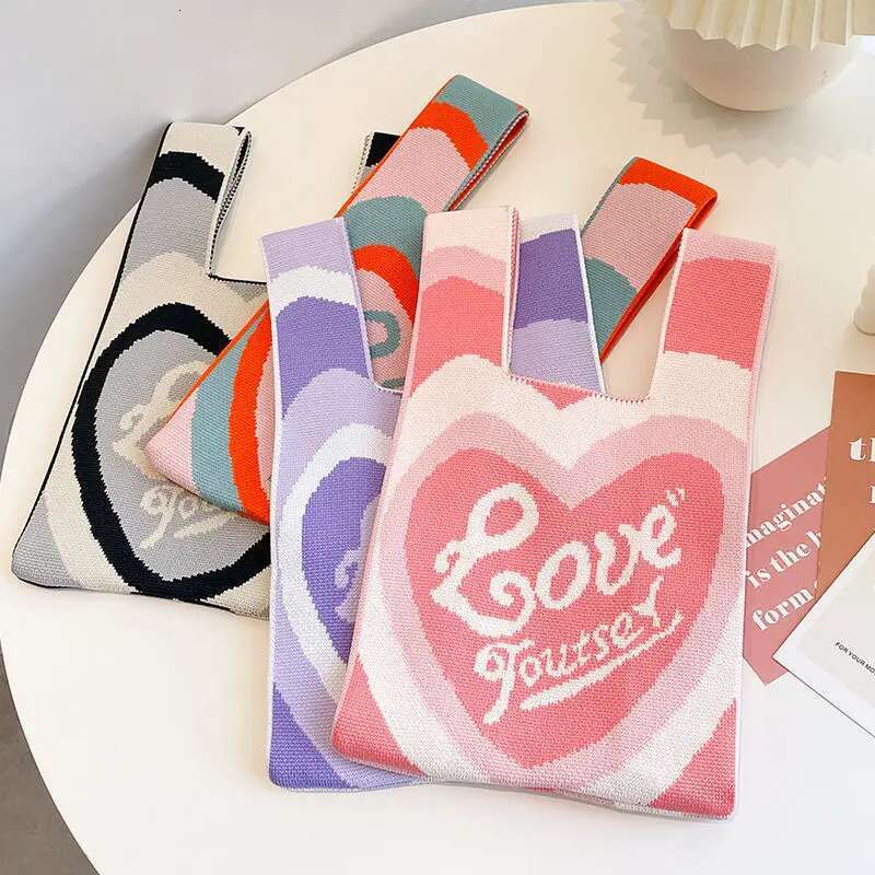 Handmade Knit Handbag Women Mini Knot Wrist Japanese Casual Color Wide Stripe Plaid Tote Bag Student Reusable Shopping Bags